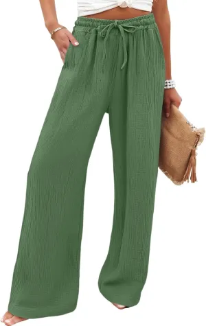 Women's Summer Cotton Linen Drawstring Straight Leg Palazzo Pants High Waist Beach Flowy Trouser Pant with Pocket