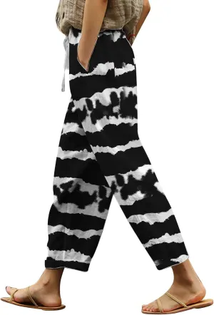Women's Summer Cotton Linen Pants Elastic Waist Drawstring Straight Leg Lounge Pants Color Block Trousers with Pocket