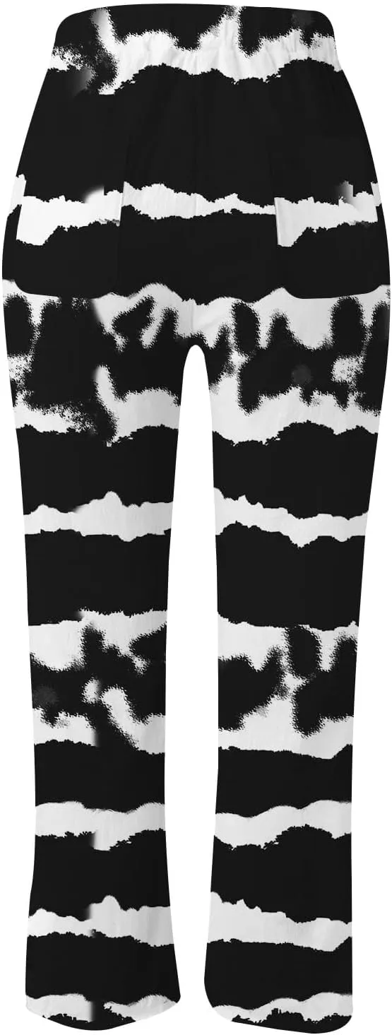 Women's Summer Cotton Linen Pants Elastic Waist Drawstring Straight Leg Lounge Pants Color Block Trousers with Pocket