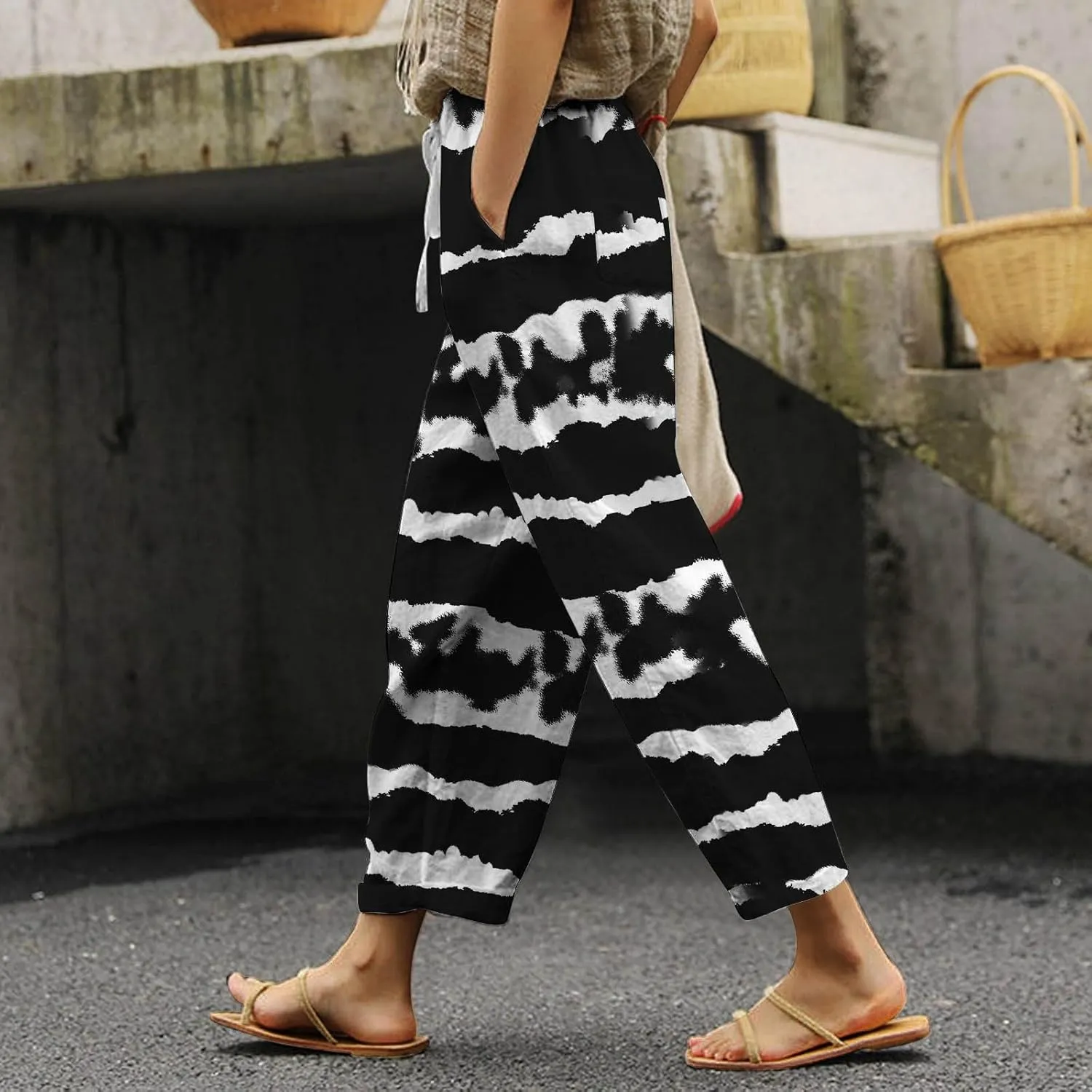 Women's Summer Cotton Linen Pants Elastic Waist Drawstring Straight Leg Lounge Pants Color Block Trousers with Pocket