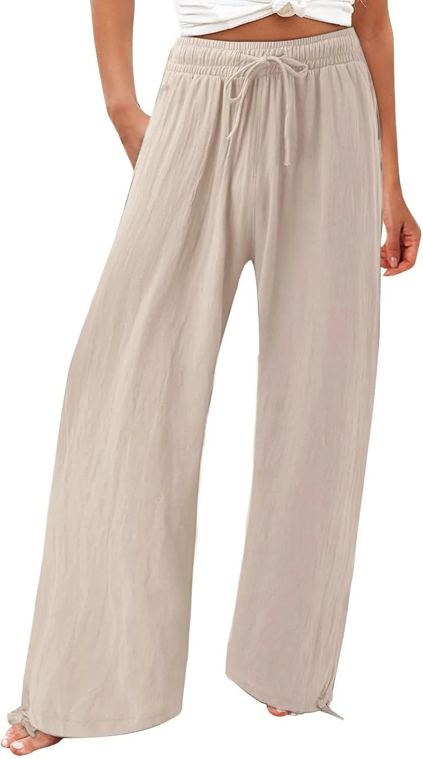 Women's Summer Drawstring Waist Trousers Wide Leg Loose Cotton Linen Palazzo Pants High Waist Adjustable Trousers