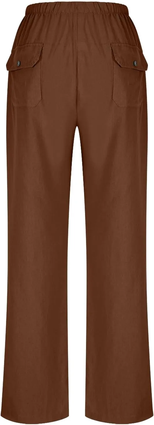 Women's Summer Loose Cotton Linen Palazzo Pants Drawstring Waist Wide Leg Pants with Pockets Long Lounge Trousers