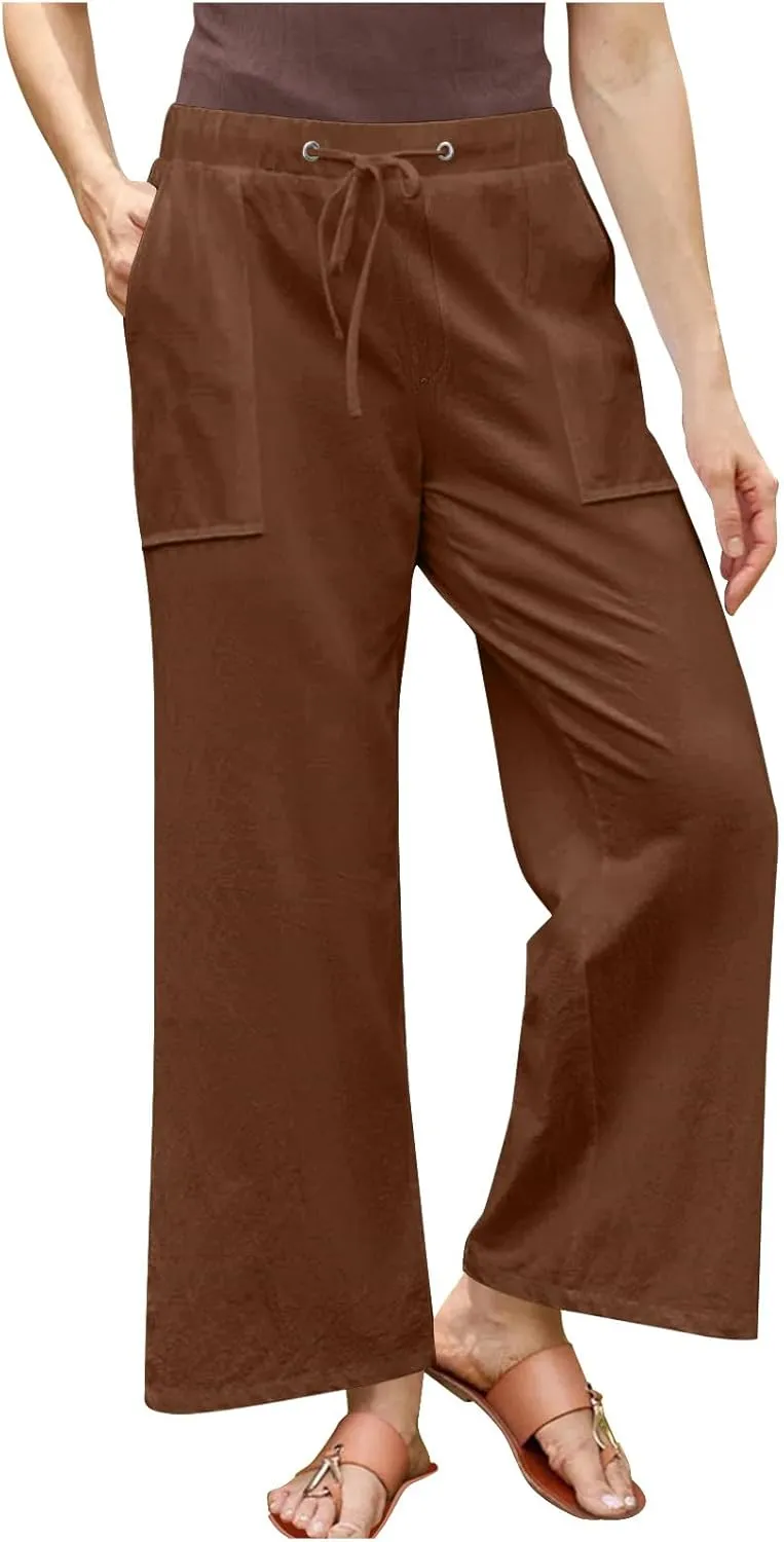 Women's Summer Loose Cotton Linen Palazzo Pants Drawstring Waist Wide Leg Pants with Pockets Long Lounge Trousers