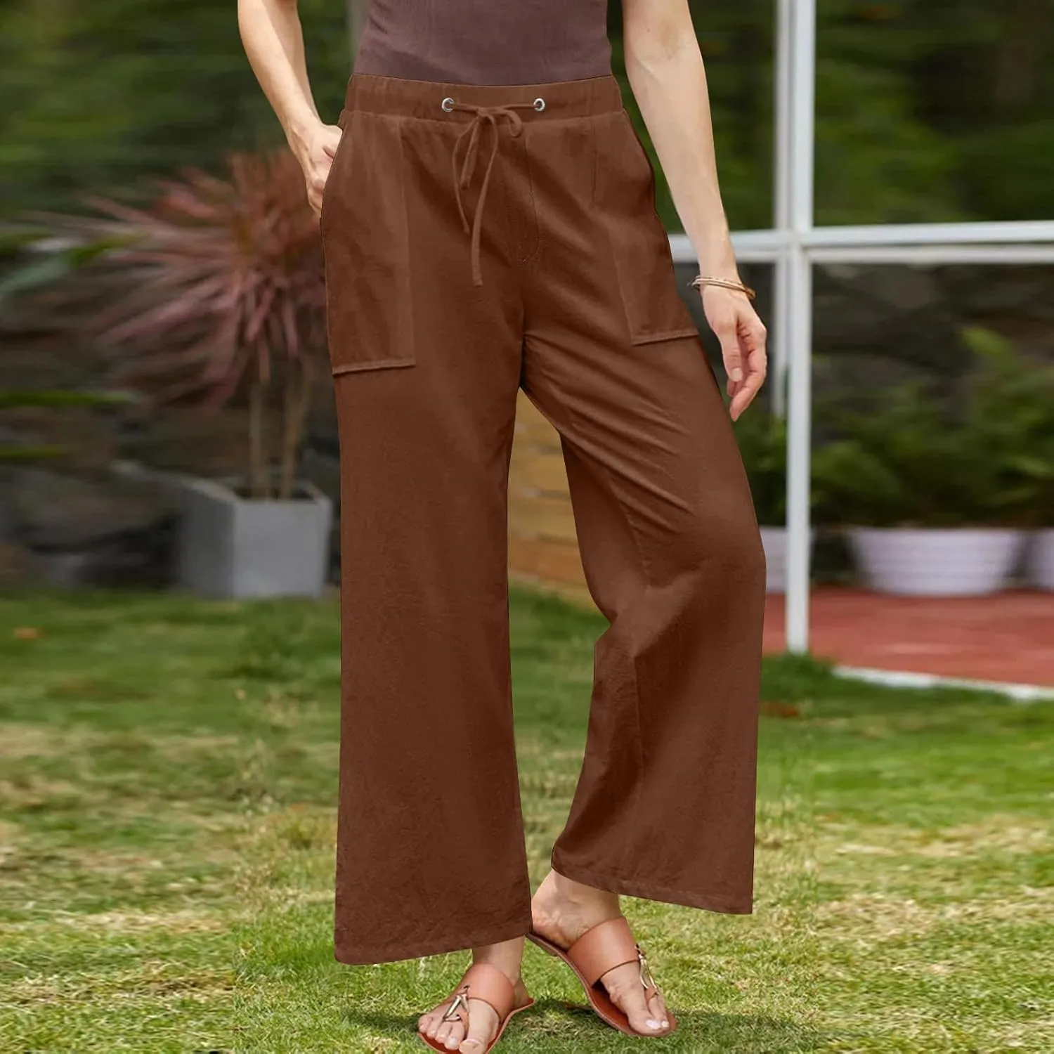 Women's Summer Loose Cotton Linen Palazzo Pants Drawstring Waist Wide Leg Pants with Pockets Long Lounge Trousers