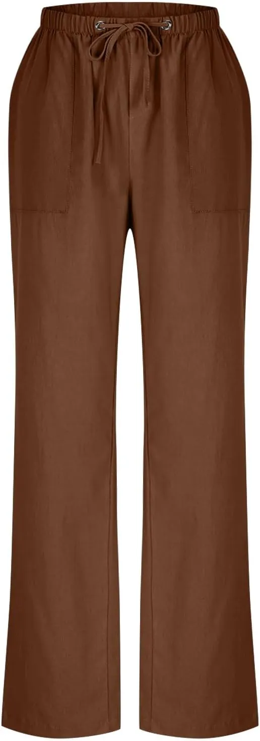 Women's Summer Loose Cotton Linen Palazzo Pants Drawstring Waist Wide Leg Pants with Pockets Long Lounge Trousers