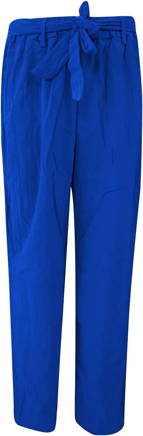 Women's Summer Palazzo Pants - Linen Wide Leg Pants for Women with Pockets Drawstring Casual Vacation Outfits