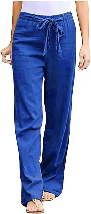 Women's Summer Palazzo Pants - Linen Wide Leg Pants for Women with Pockets Drawstring Casual Vacation Outfits