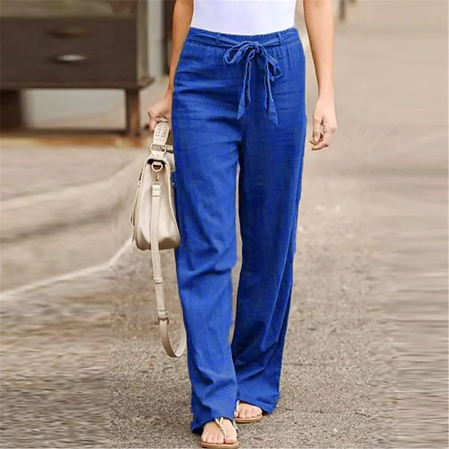 Women's Summer Palazzo Pants - Linen Wide Leg Pants for Women with Pockets Drawstring Casual Vacation Outfits
