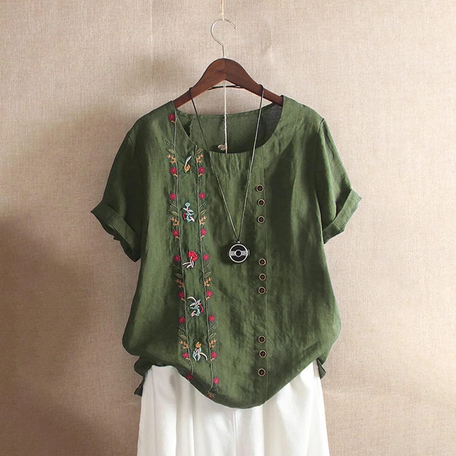 Womens Summer Tops Casual Cotton Linen T-Shirts Short Sleeve Round Neck Shirt Oversized Floral Graphic Tees