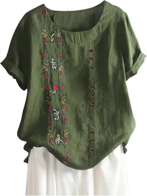 Womens Summer Tops Casual Cotton Linen T-Shirts Short Sleeve Round Neck Shirt Oversized Floral Graphic Tees