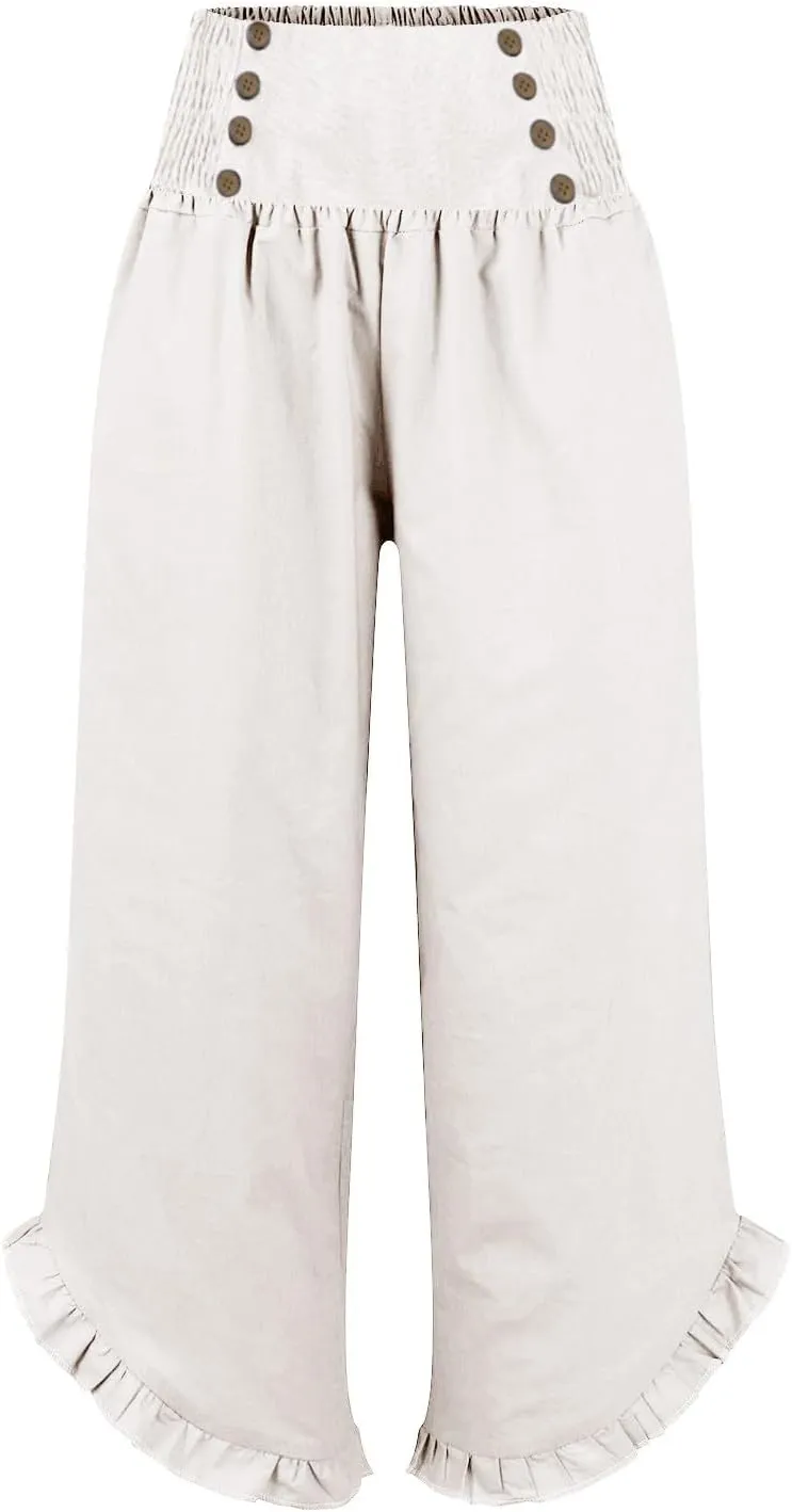 Women's Summer Wide Leg Linen Pants Smocked Waist Ruffle Hem Palazzo Pants Boho Flowy Beach Pants with Pockets