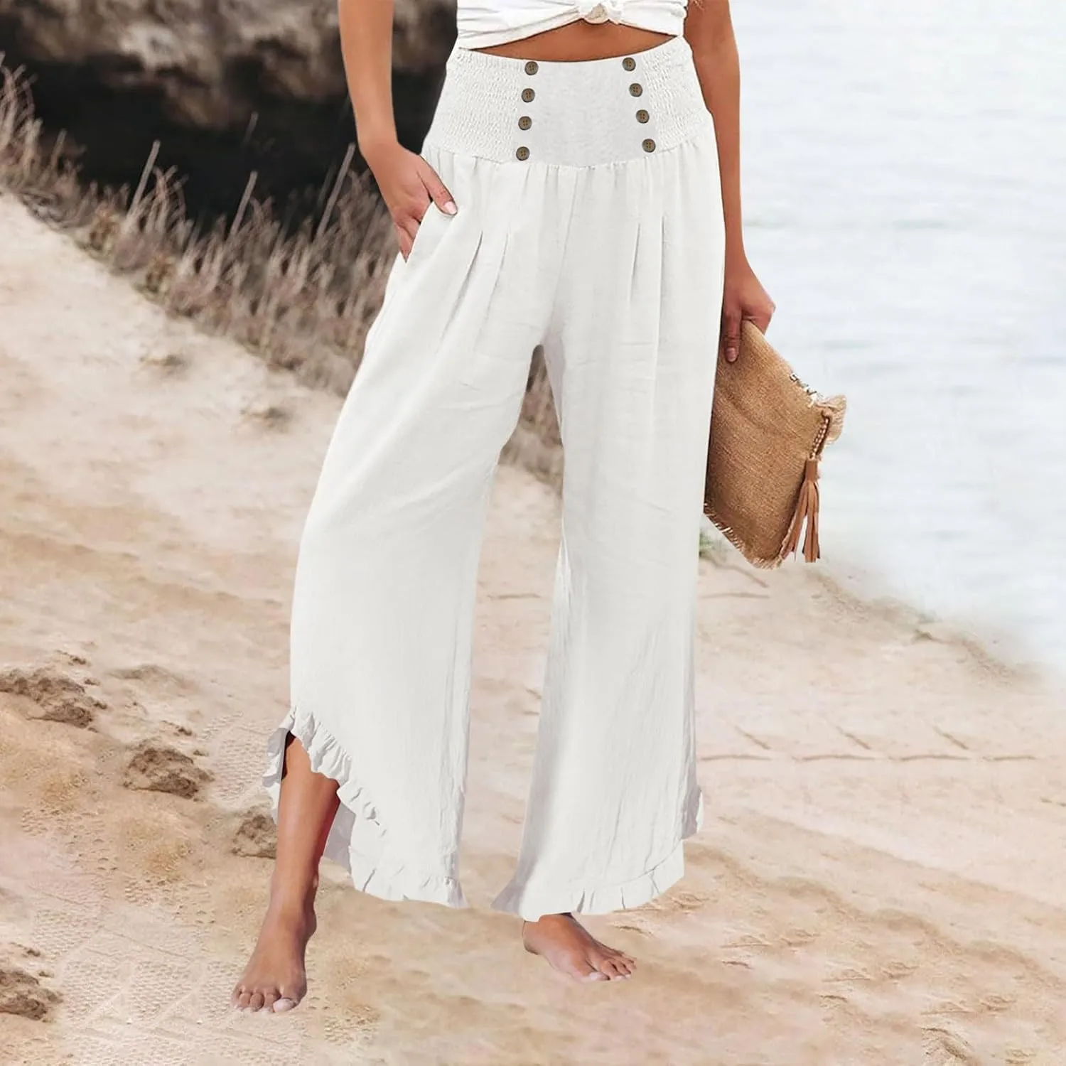 Women's Summer Wide Leg Linen Pants Smocked Waist Ruffle Hem Palazzo Pants Boho Flowy Beach Pants with Pockets