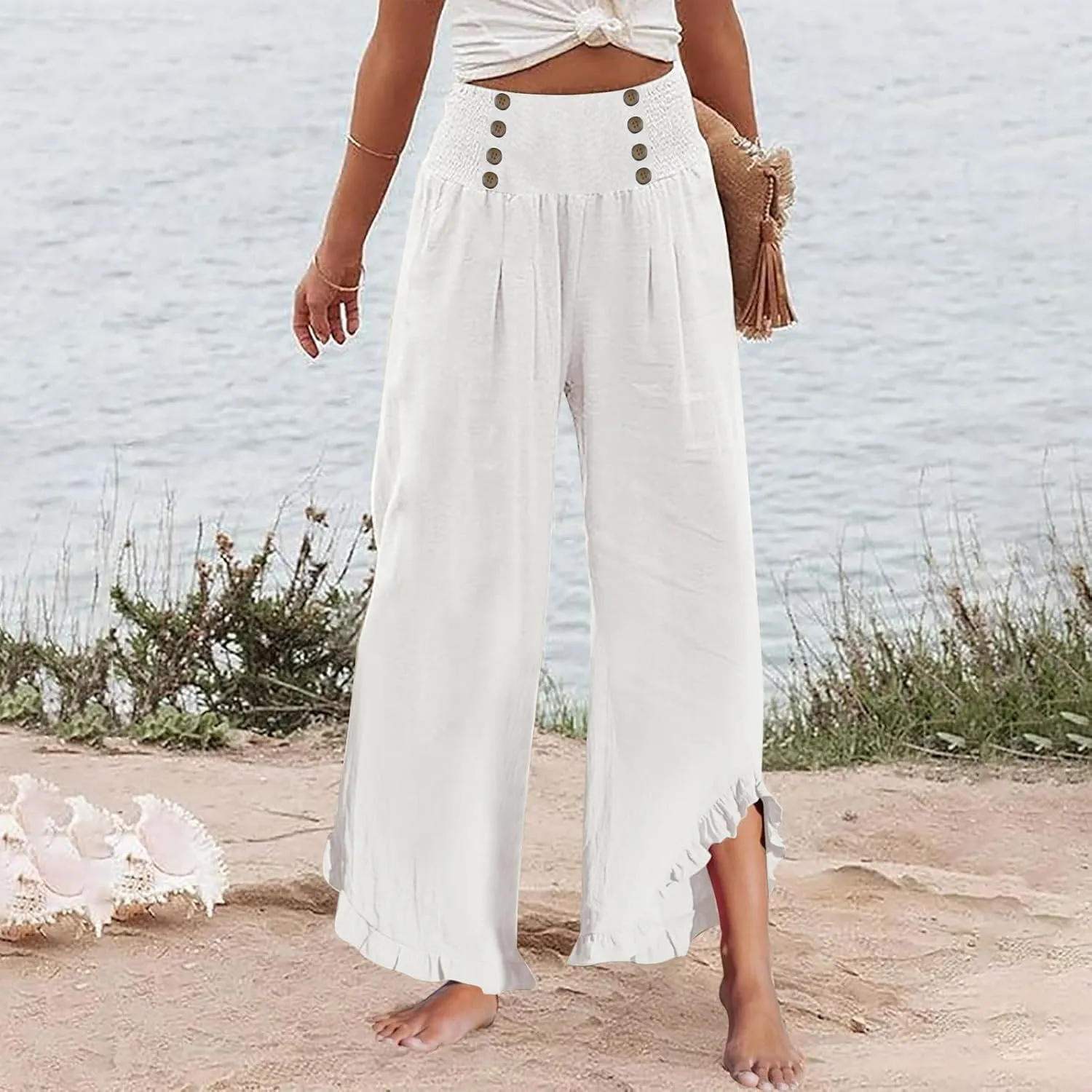 Women's Summer Wide Leg Linen Pants Smocked Waist Ruffle Hem Palazzo Pants Boho Flowy Beach Pants with Pockets