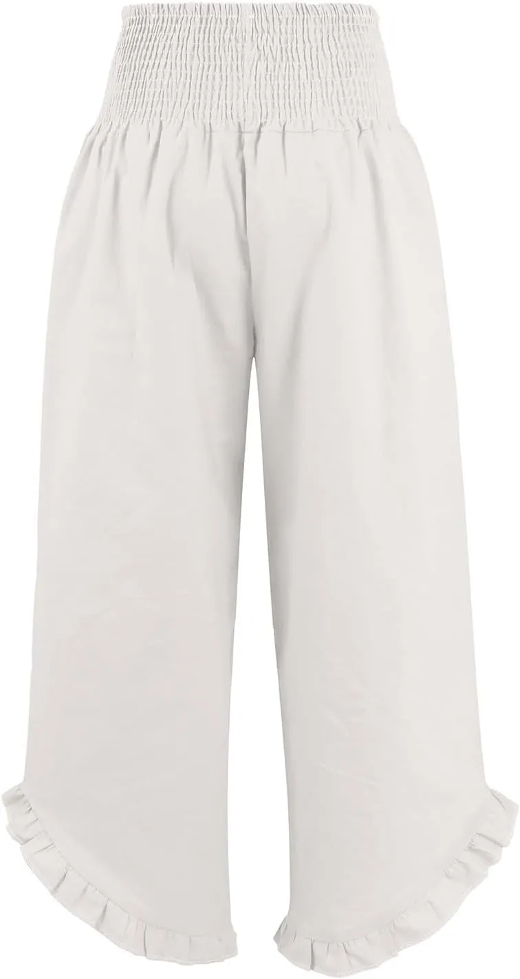 Women's Summer Wide Leg Linen Pants Smocked Waist Ruffle Hem Palazzo Pants Boho Flowy Beach Pants with Pockets