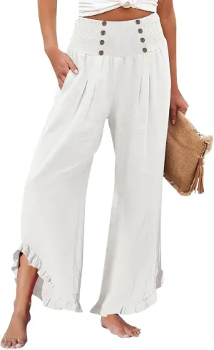 Women's Summer Wide Leg Linen Pants Smocked Waist Ruffle Hem Palazzo Pants Boho Flowy Beach Pants with Pockets