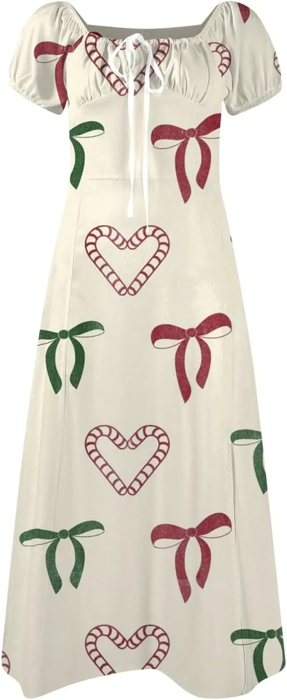 Women's Sundresses 2025 Summer Casual Loose Trendy Bubble Sleeve Square Neck Split Bow Floral Print Dress Plus Size, XS-3XL