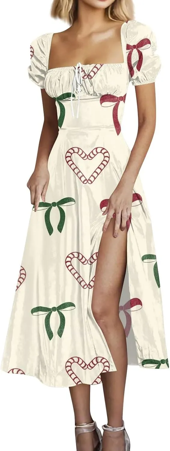 Women's Sundresses 2025 Summer Casual Loose Trendy Bubble Sleeve Square Neck Split Bow Floral Print Dress Plus Size, XS-3XL