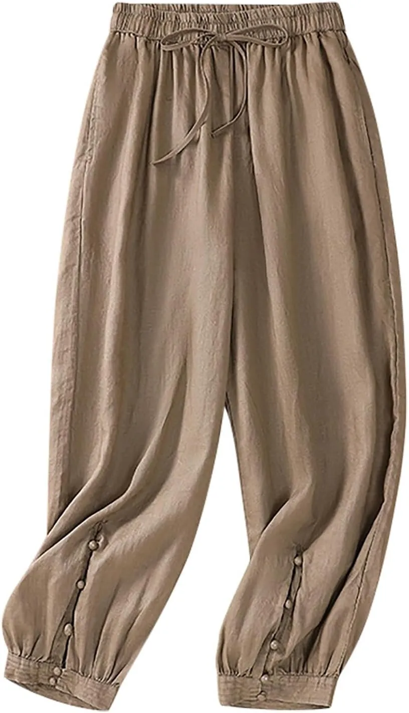 Womens Sweatpants, Straight Leg Striped Side Linen Peasant Pants Casual Elastic Waist
