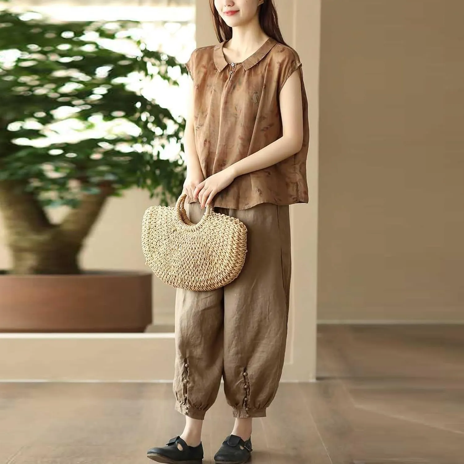 Womens Sweatpants, Straight Leg Striped Side Linen Peasant Pants Casual Elastic Waist