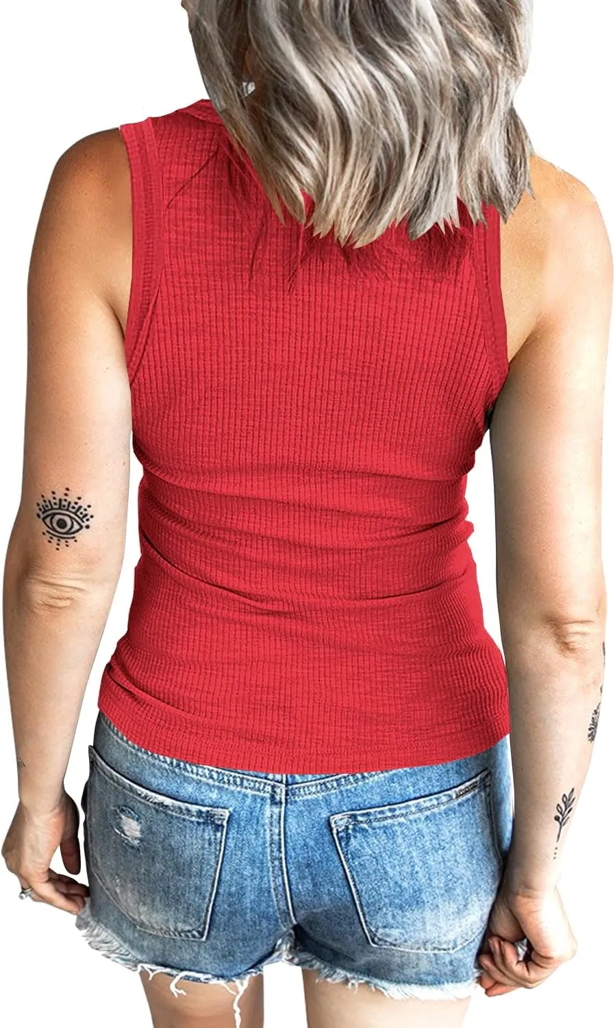 Women's Tank Tops Ribbed V Neck Sleeveless T Shirts Summer Slim Fitted Basic Tee Tops Crew Neck Cami Shirt