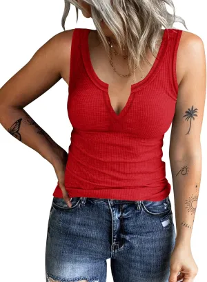 Women's Tank Tops Ribbed V Neck Sleeveless T Shirts Summer Slim Fitted Basic Tee Tops Crew Neck Cami Shirt