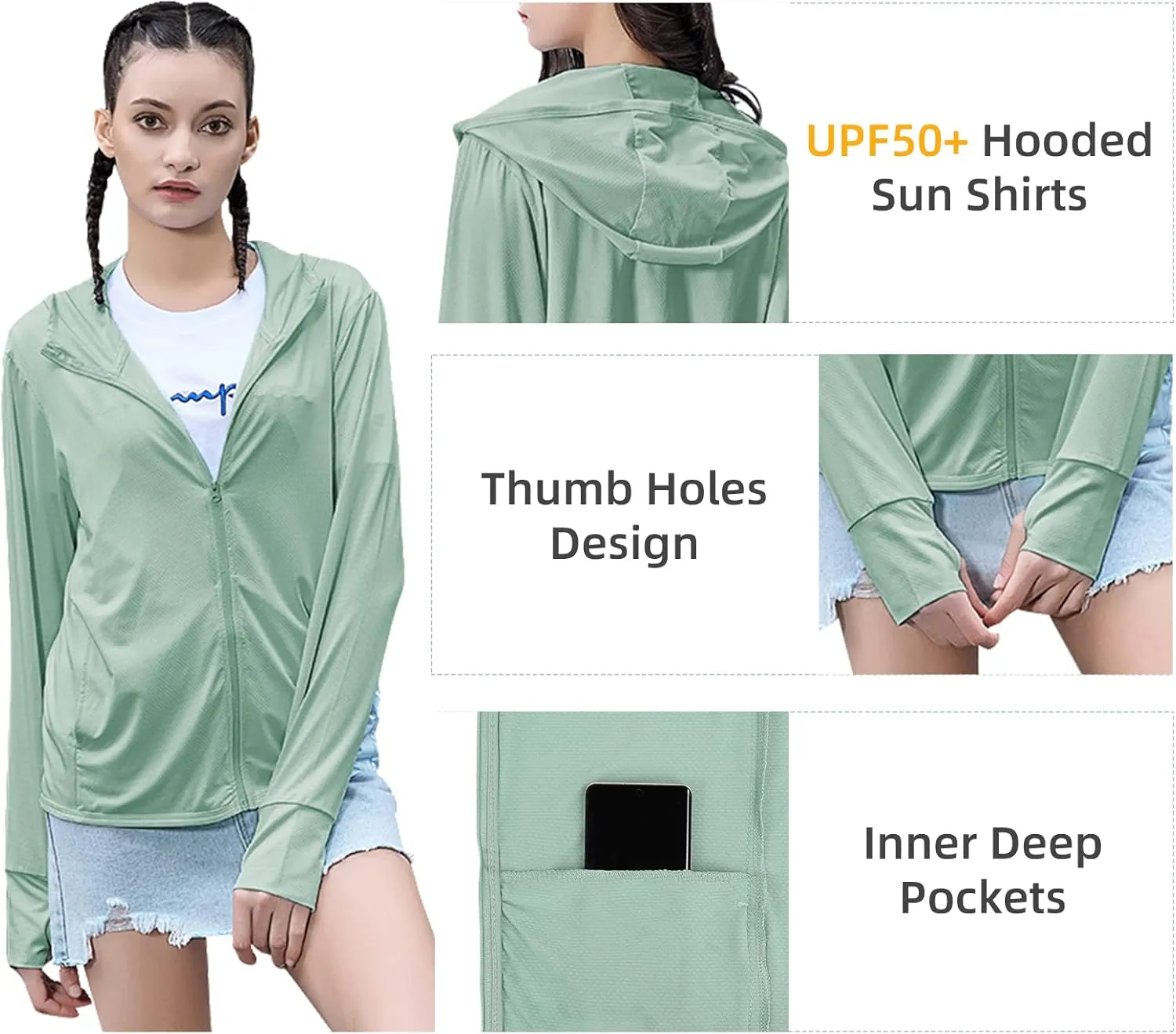 Women's UPF 50  UV Sun Protection Clothing Zip Up Lightweight Hoodie Hiking Sun Shirt