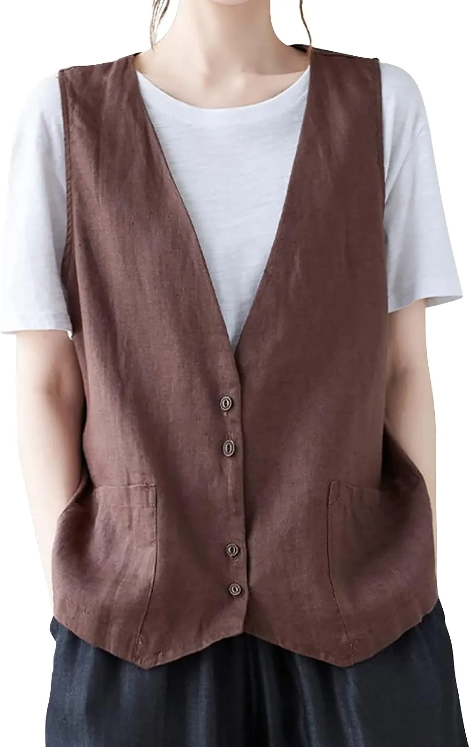 Womens Vest 2023 Summer Cotton Linen Vest Top Vintage Casual Sleeveless Button Down Jacket Loose Vests Outerwear