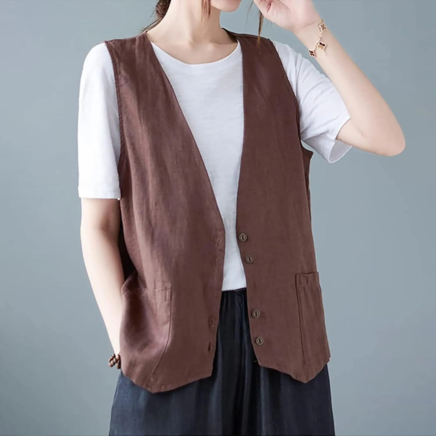 Womens Vest 2023 Summer Cotton Linen Vest Top Vintage Casual Sleeveless Button Down Jacket Loose Vests Outerwear