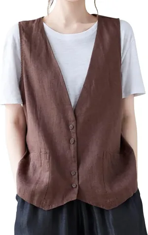 Womens Vest 2023 Summer Cotton Linen Vest Top Vintage Casual Sleeveless Button Down Jacket Loose Vests Outerwear
