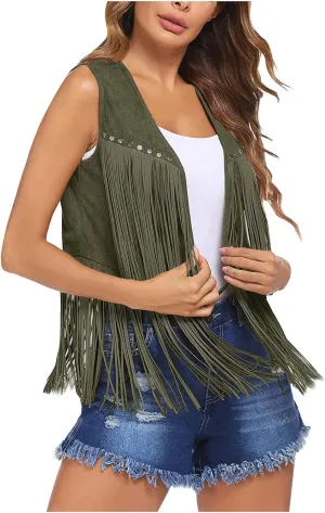 Women's Western Fringe Vest Tops Sleeveless Hippie Tassel Jacket Rodeo Outfits Classic Suede Leather 70s Cowboy Shirt