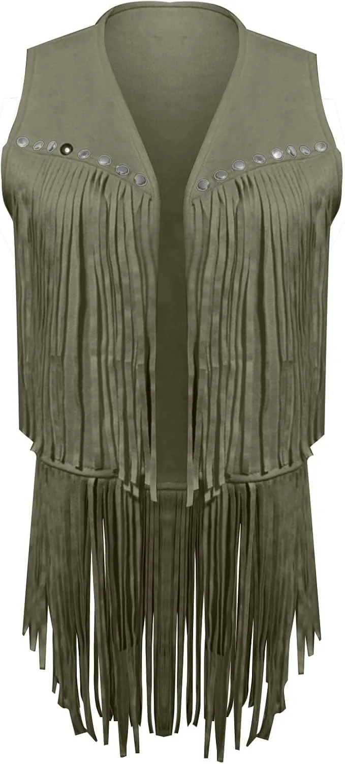 Women's Western Fringe Vest Tops Sleeveless Hippie Tassel Jacket Rodeo Outfits Classic Suede Leather 70s Cowboy Shirt