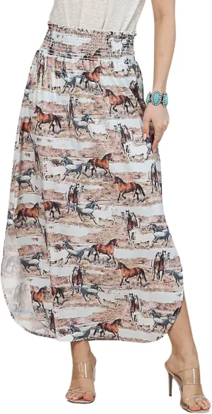 Womens Western Horse Desert Print Smock Waist Maxi Skirt Tribal Cowgirl Skirt Dress