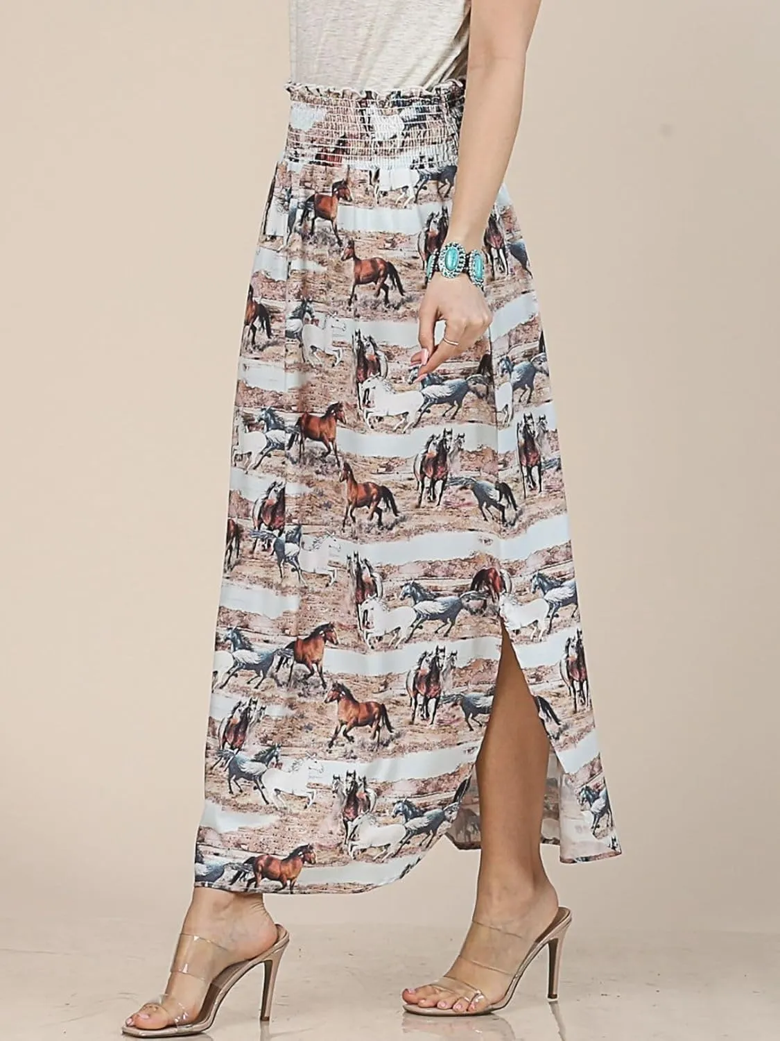 Womens Western Horse Desert Print Smock Waist Maxi Skirt Tribal Cowgirl Skirt Dress