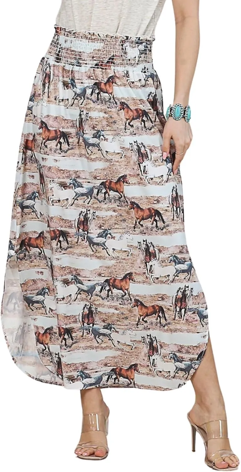 Womens Western Horse Desert Print Smock Waist Maxi Skirt Tribal Cowgirl Skirt Dress
