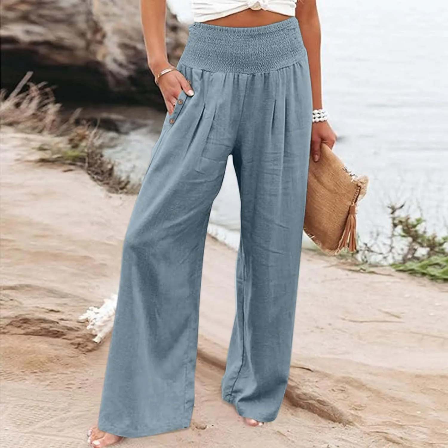 Women's Wide Leg Linen Pants Casual High Waisted Lounge Work Trousers Fashion Solid Color Pants with Pockets Outfit