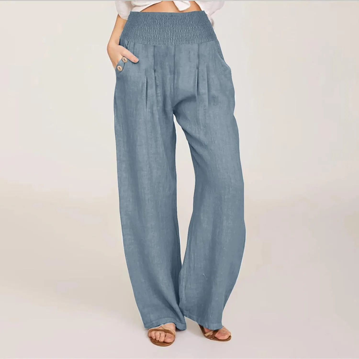 Women's Wide Leg Linen Pants Casual High Waisted Lounge Work Trousers Fashion Solid Color Pants with Pockets Outfit