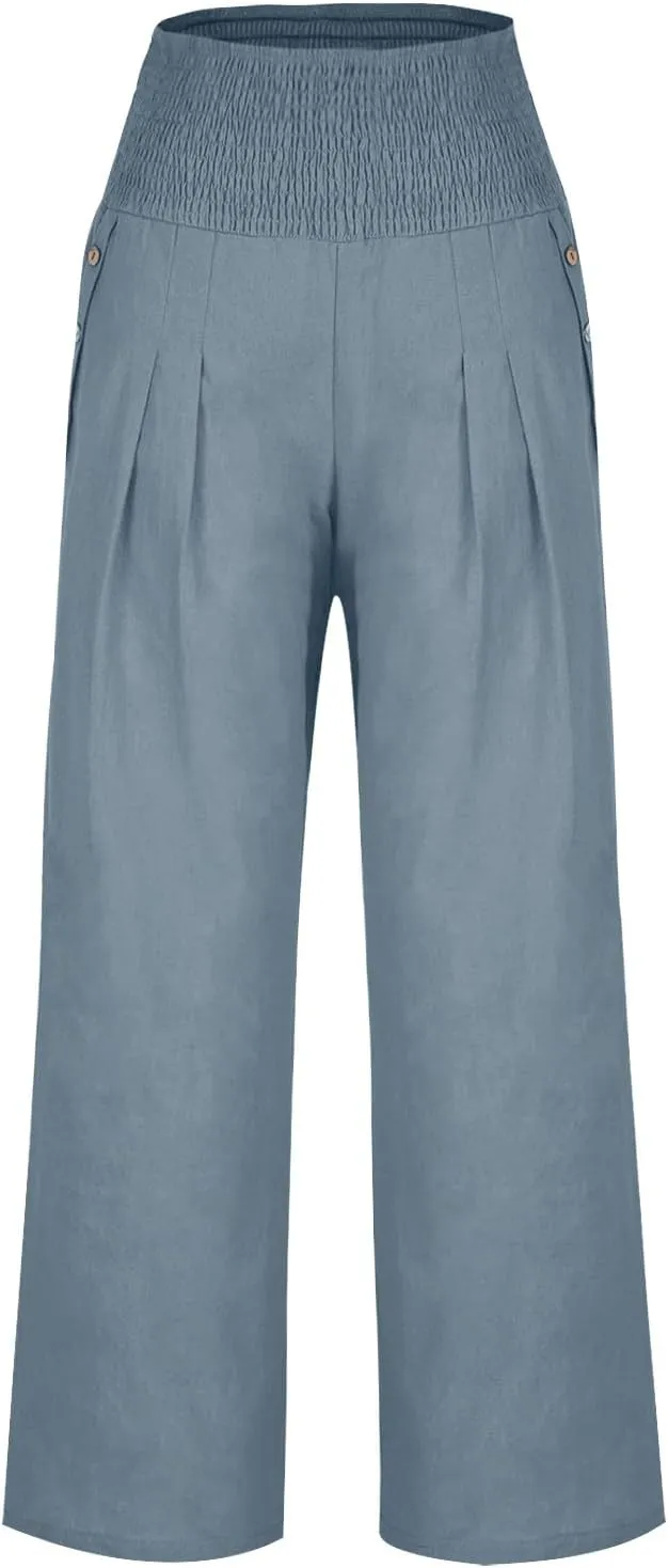 Women's Wide Leg Linen Pants Casual High Waisted Lounge Work Trousers Fashion Solid Color Pants with Pockets Outfit