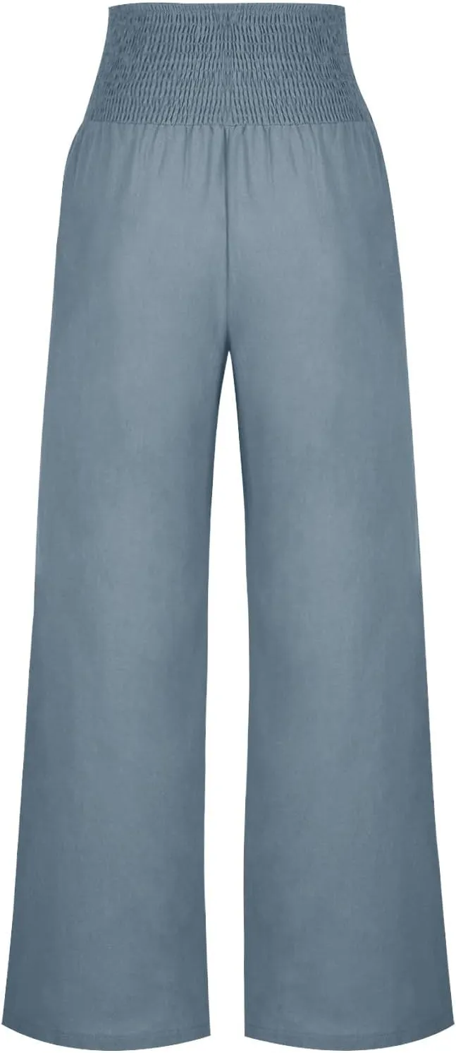 Women's Wide Leg Linen Pants Casual High Waisted Lounge Work Trousers Fashion Solid Color Pants with Pockets Outfit