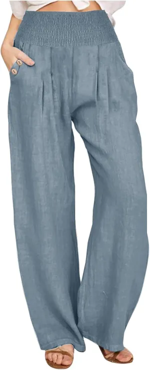 Women's Wide Leg Linen Pants Casual High Waisted Lounge Work Trousers Fashion Solid Color Pants with Pockets Outfit