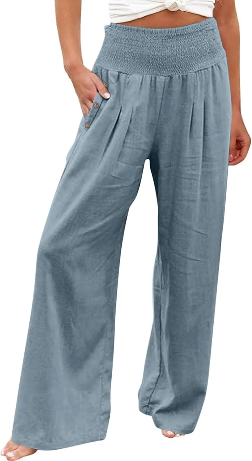 Women's Wide Leg Linen Pants Casual High Waisted Lounge Work Trousers Fashion Solid Color Pants with Pockets Outfit