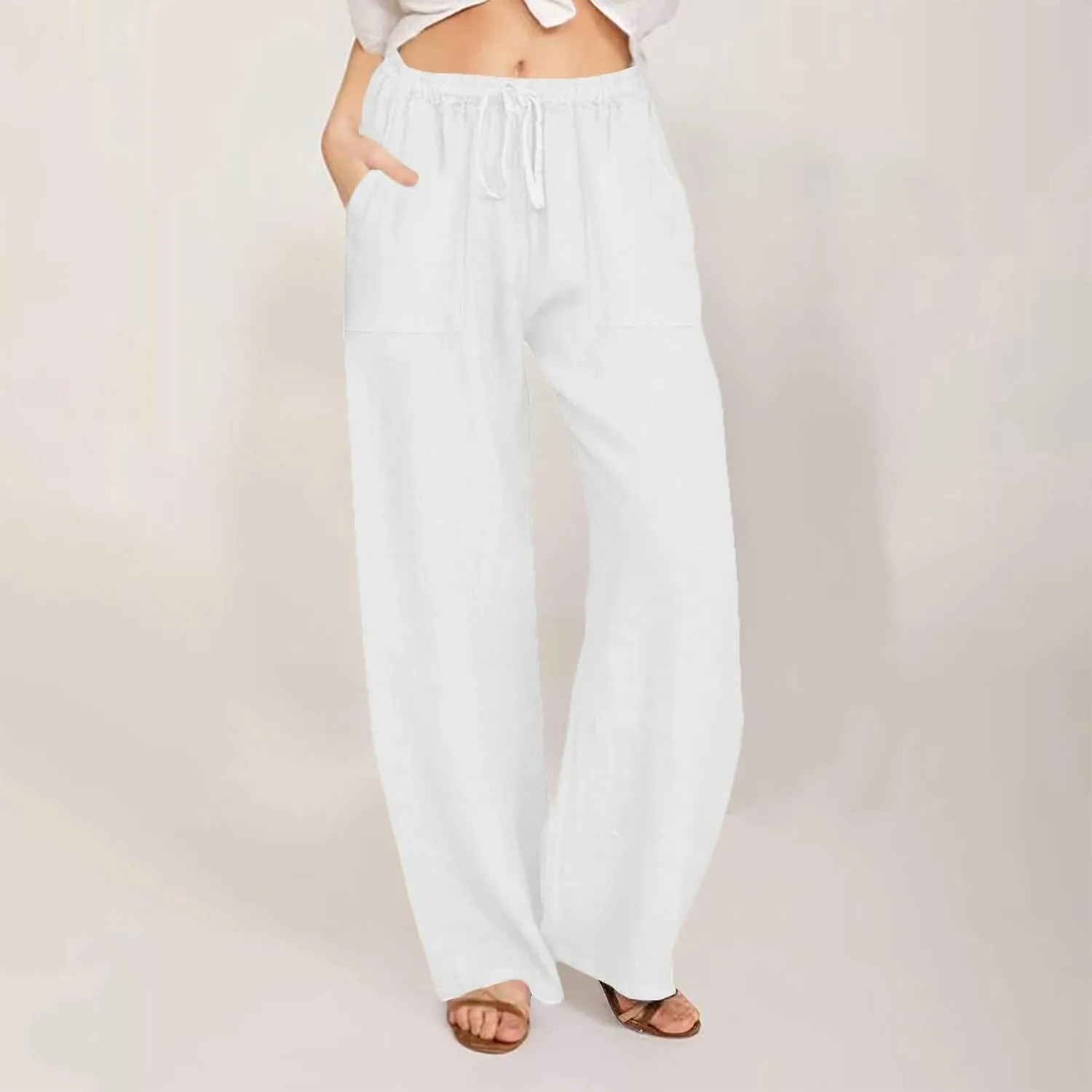 Womens Wide Leg Linen Pants Casual Summer Elastic Waist Loose Palazzo Trousers Flowy Beach Lounge Pants with Pockets