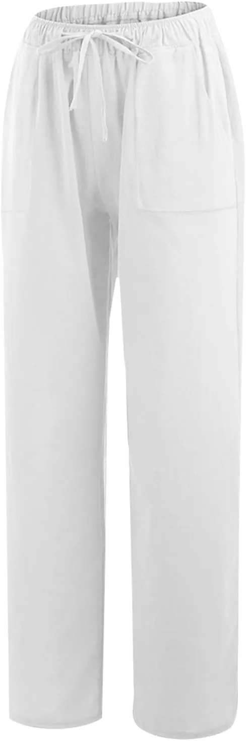 Womens Wide Leg Linen Pants Casual Summer Elastic Waist Loose Palazzo Trousers Flowy Beach Lounge Pants with Pockets