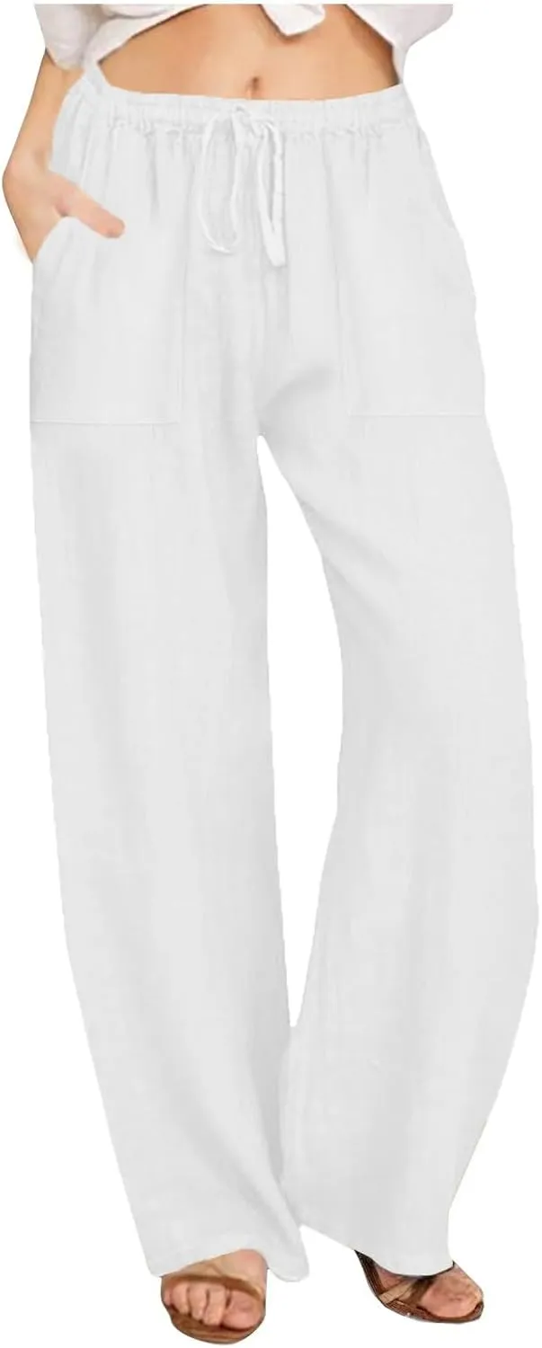 Womens Wide Leg Linen Pants Casual Summer Elastic Waist Loose Palazzo Trousers Flowy Beach Lounge Pants with Pockets