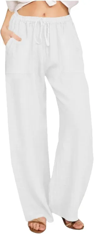 Womens Wide Leg Linen Pants Casual Summer Elastic Waist Loose Palazzo Trousers Flowy Beach Lounge Pants with Pockets