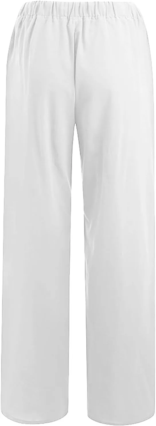 Womens Wide Leg Linen Pants Casual Summer Elastic Waist Loose Palazzo Trousers Flowy Beach Lounge Pants with Pockets