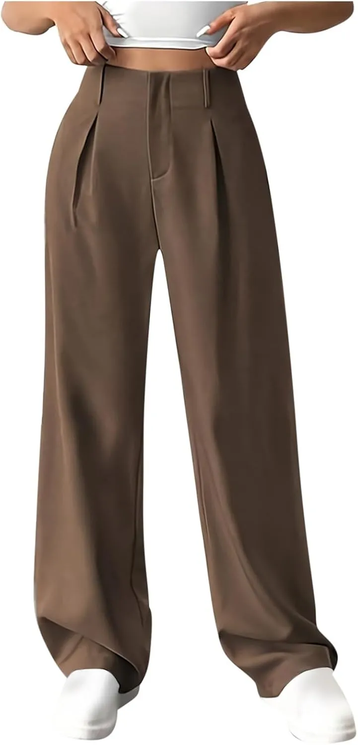 Women's Wide Leg Pants Dressy Flowy Summer Beach Palazzo Pants Elastic Waist Baggy Trousers for Business