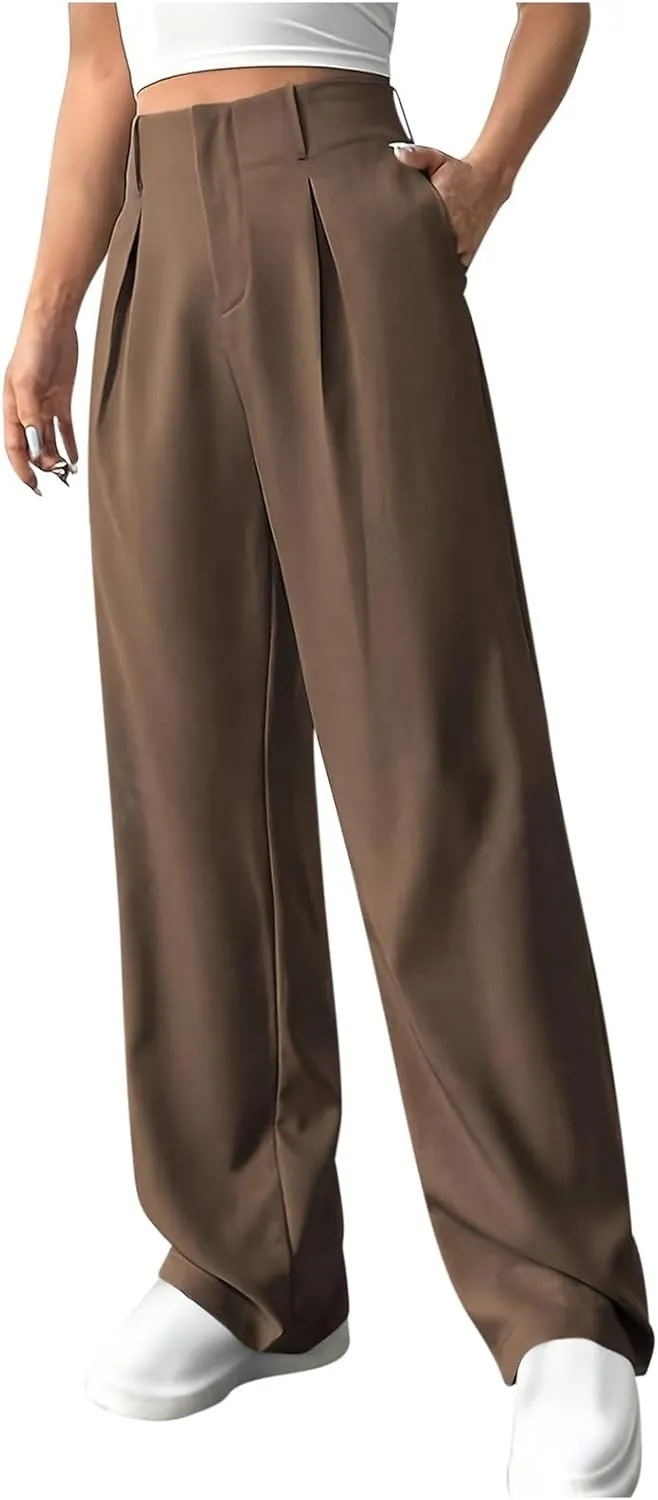 Women's Wide Leg Pants Dressy Flowy Summer Beach Palazzo Pants Elastic Waist Baggy Trousers for Business