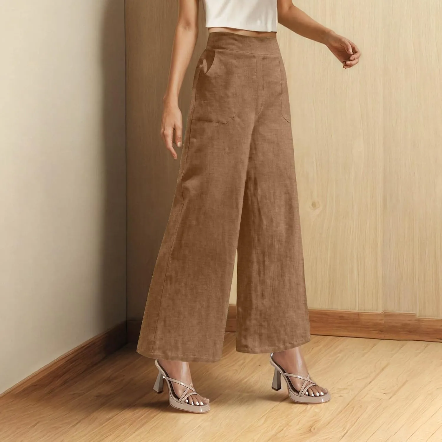 Women's Wide Leg Pants with Pockets Summer High Waisted Loose Linen Pants Plus Size Trendy Flowy Palazzo Trousers