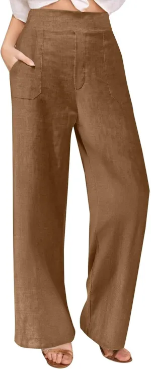 Women's Wide Leg Pants with Pockets Summer High Waisted Loose Linen Pants Plus Size Trendy Flowy Palazzo Trousers