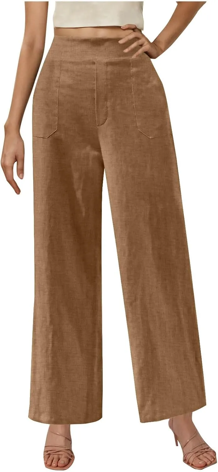 Women's Wide Leg Pants with Pockets Summer High Waisted Loose Linen Pants Plus Size Trendy Flowy Palazzo Trousers